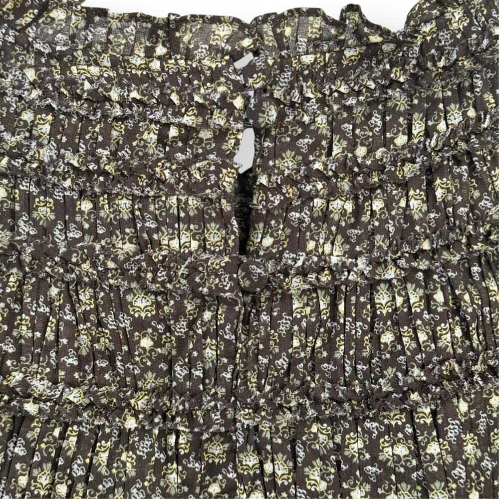 Rebecca Taylor Feather Fleur Smocked Mock Neck Floral Top 12 Brown Puff Sleeve - Picture 9 of 12